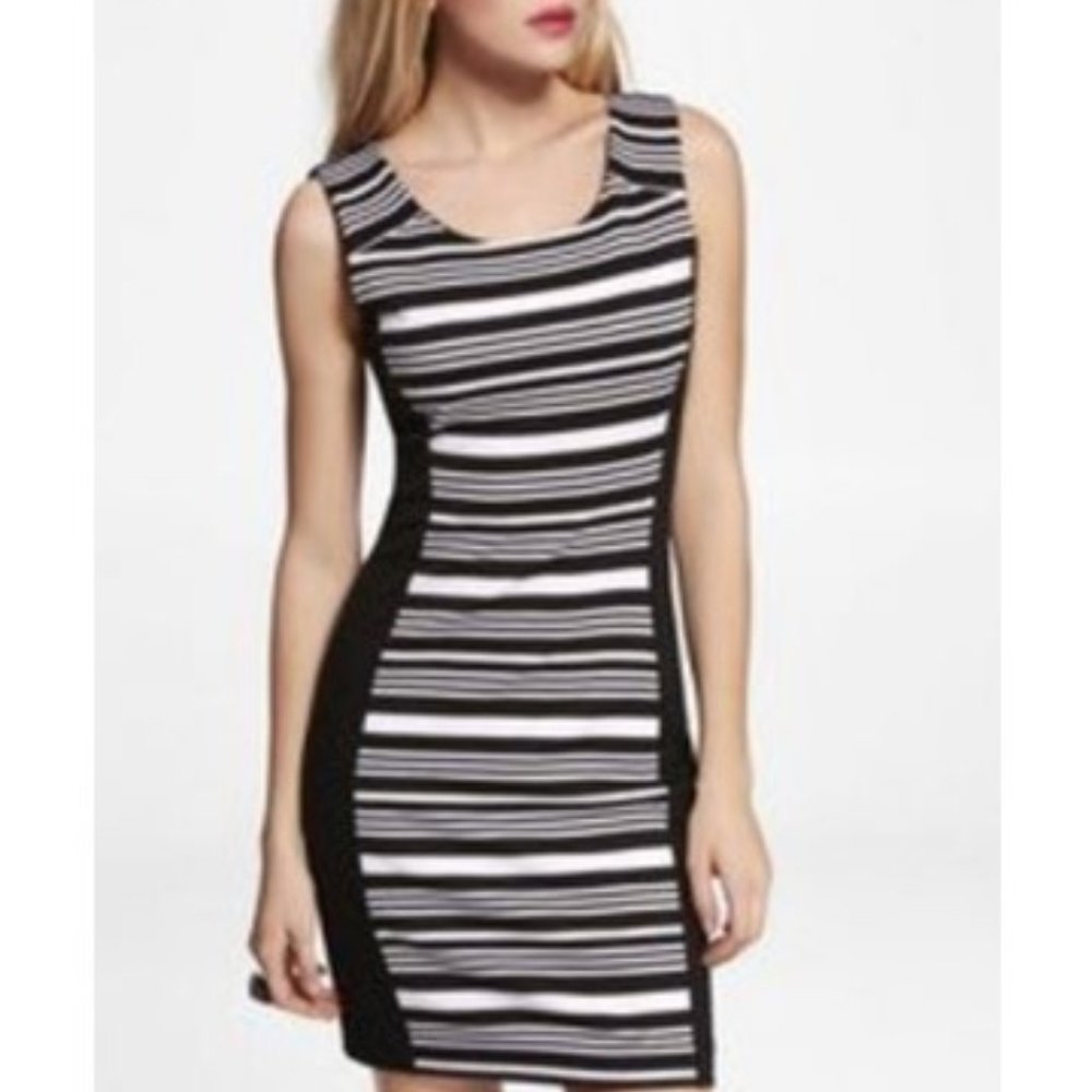 Express Dress Womens Sm Black/White Stripe Ponte Bodycon Modern Contemporary NWT - Picture 1 of 9